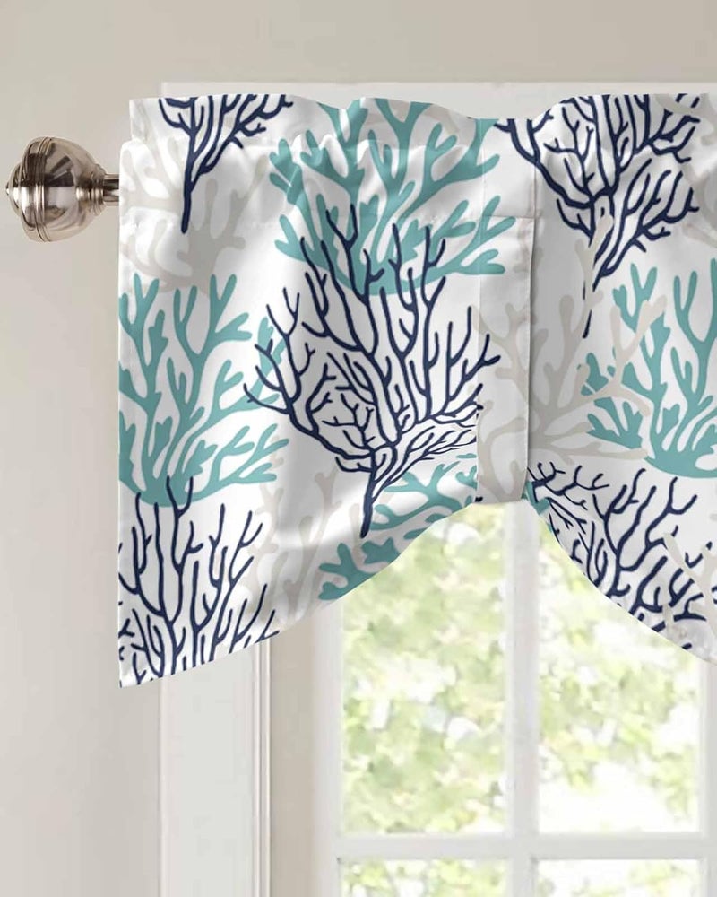 RisQiten Teal Blue Grey Coral Coastal Tie Up Valance Curtains for Windows, Summer Beach Kitchen Curtains Window Treatments, Sea Nautical Short Window Shades Valances for Bedroom Bathroom Cafe 54"x18" - Image 3